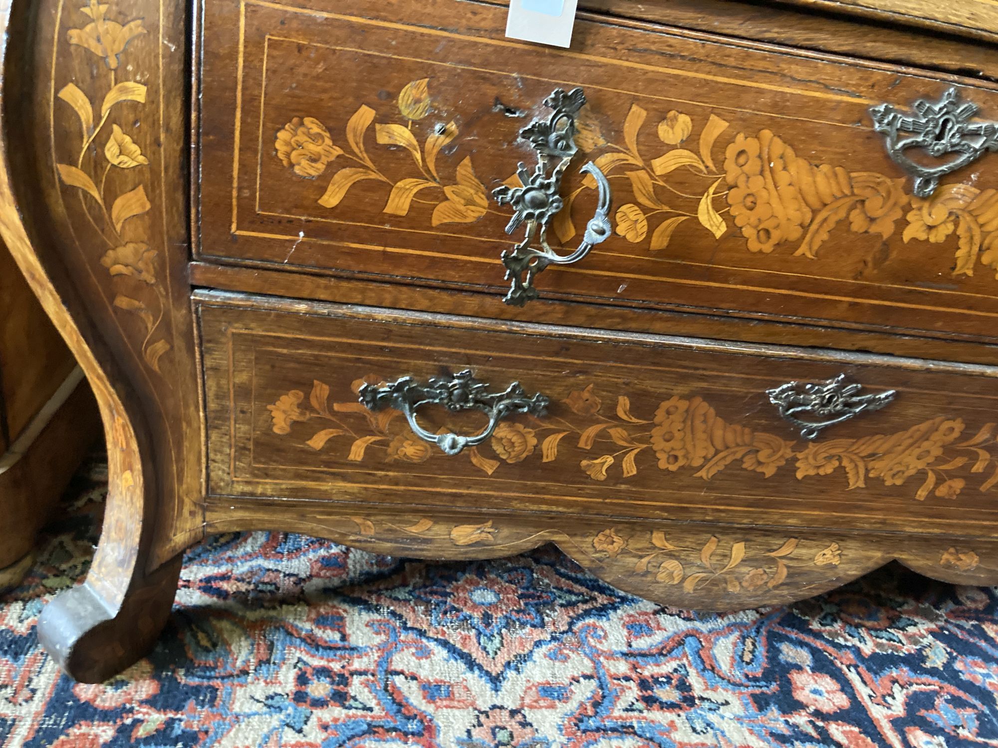 A Dutch marquetry oak and mahogany bombe bureau, circa 1800, width 104cm, depth 56cm, height 110cm